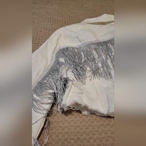 White and Silver Fringe Cropped Denim Jacket - Picture 10 of 11